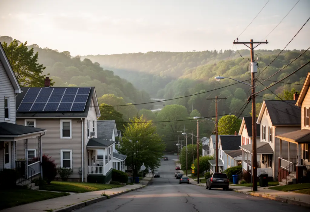 A hillside residential street in Binghamton New York with solar panels on a house roof, wooded valley slopes behind