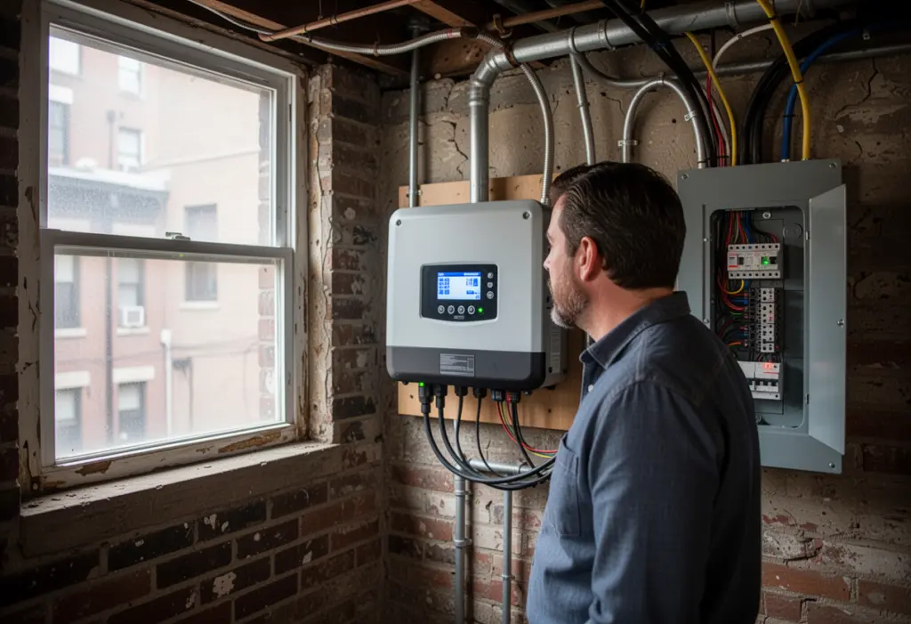 A homeowner looking at a solar inverter display in a basement utility area of an older New York house, conduit and electrical panel beside it