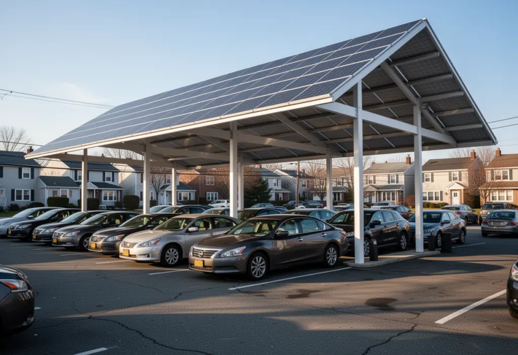 A solar canopy over a car dealership lot with vehicles parked beneath it in suburban New York