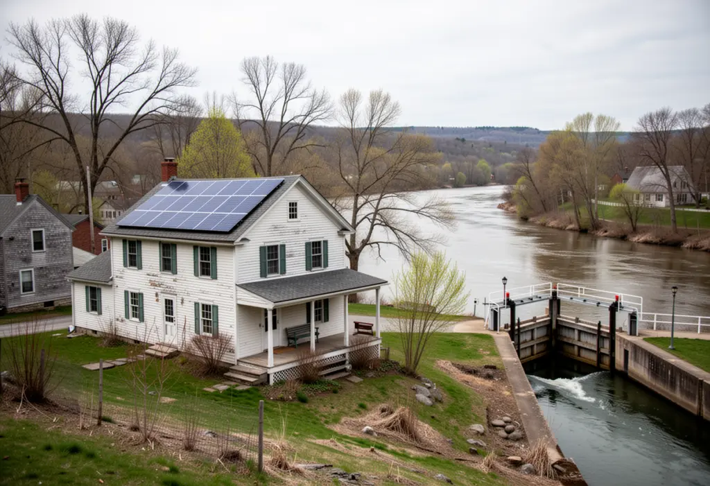 A nineteenth century village house with rooftop solar panels near a wide slow river and a canal lock in central New York