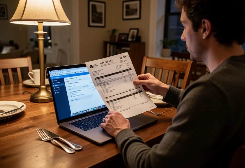 A person at a dining table comparing a paper electricity bill against a laptop screen, New York home interior