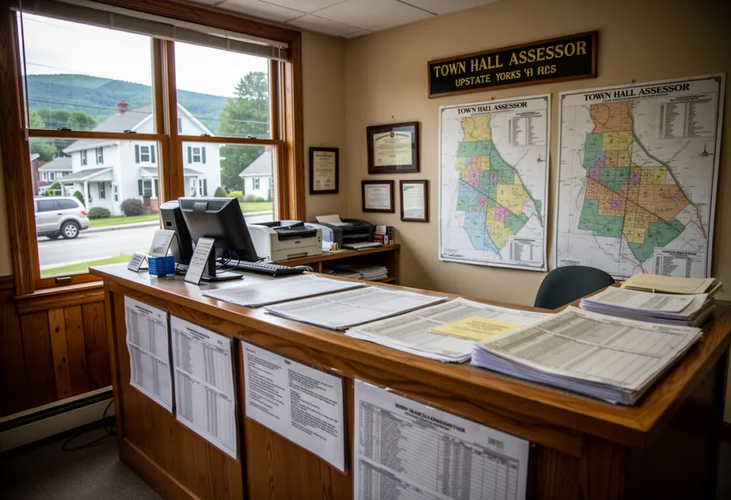 A town hall assessor office counter with property record maps in a small upstate New York village
