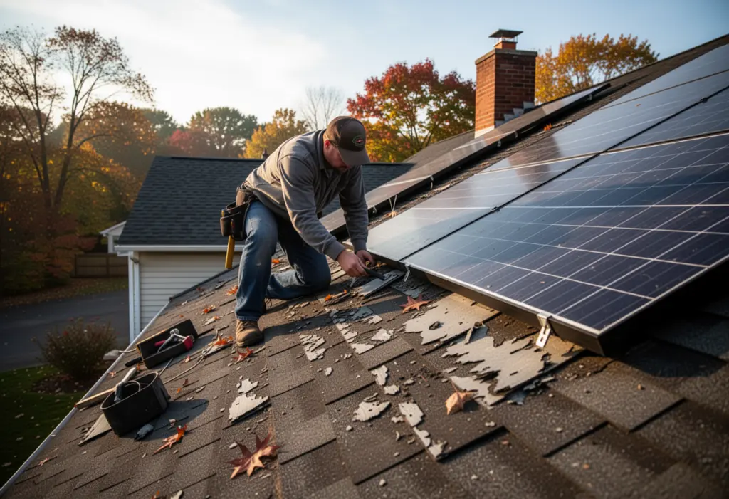 A roofer inspecting weathered asphalt shingles on a steep residential roof with a solar array on the adjacent plane in Onondaga County New York