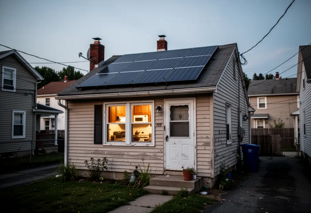 A small single family house with a modest rooftop solar array on a working class street in upstate New York, kitchen window lit at dusk