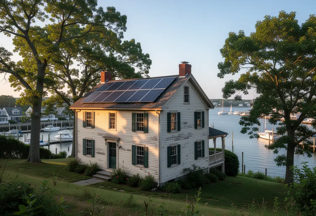 A nineteenth century clapboard house with rooftop solar panels on a hillside above Port Jefferson harbour on Long Island