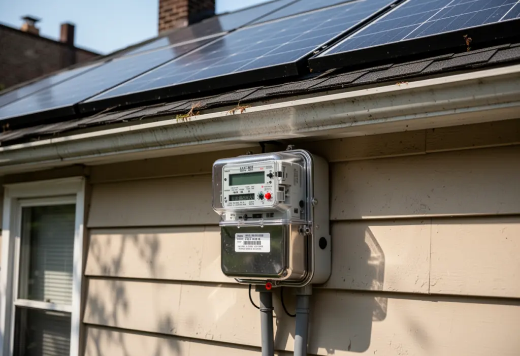 A bidirectional electricity meter mounted on the exterior wall of a New York home with solar panels on the roof above