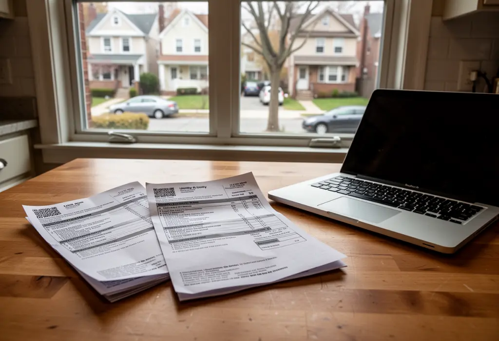 A kitchen table with an open utility bill and a laptop beside a window showing a suburban New York street in daylight