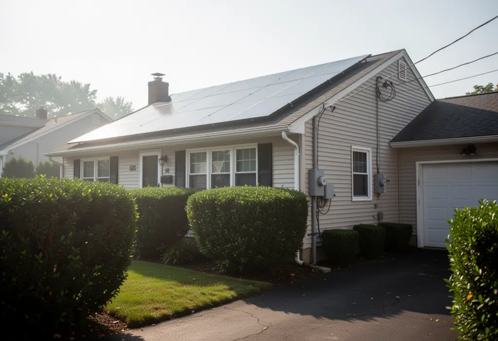 A suburban Long Island house with a rooftop solar array and an electric meter on the side wall, hedges and a driveway