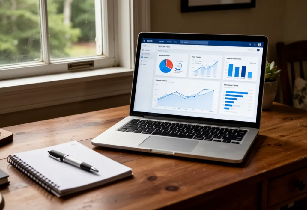 A laptop screen showing a generic data dashboard on a home desk beside a notepad and pen
