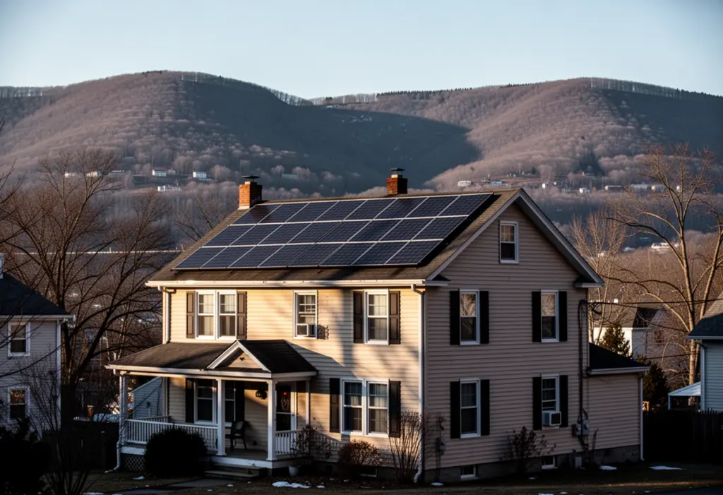 A two family wood frame house with rooftop solar panels in Peekskill New York, forested Hudson Highlands ridges rising behind it