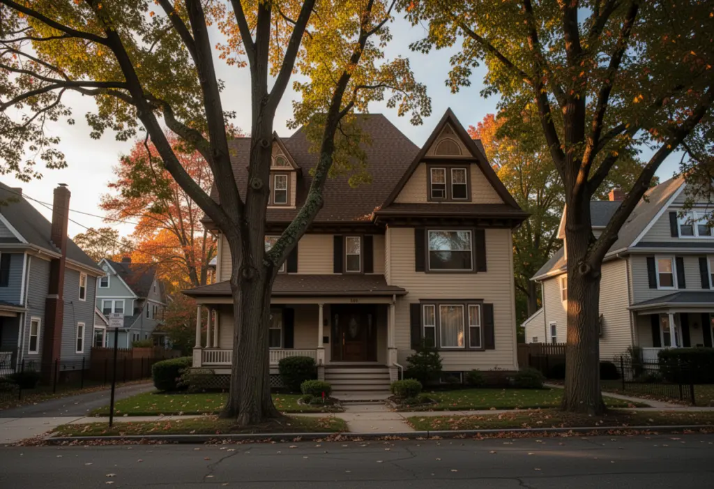 A detached early twentieth century house with a steep roof and mature trees on a residential street in White Plains