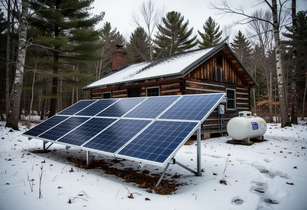 A remote cabin with a ground-mounted solar array and a propane tank in the New York woods, snow on the ground, no power lines visible