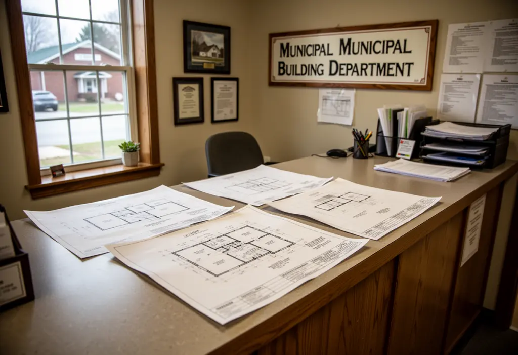 A small town municipal building department counter with architectural drawings spread out, daylight through a window