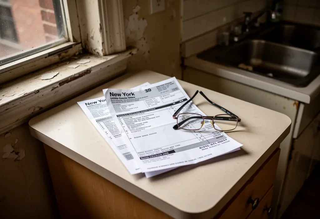 A New York utility bill and reading glasses on a small kitchen counter in a modest apartment, soft daylight from a side window