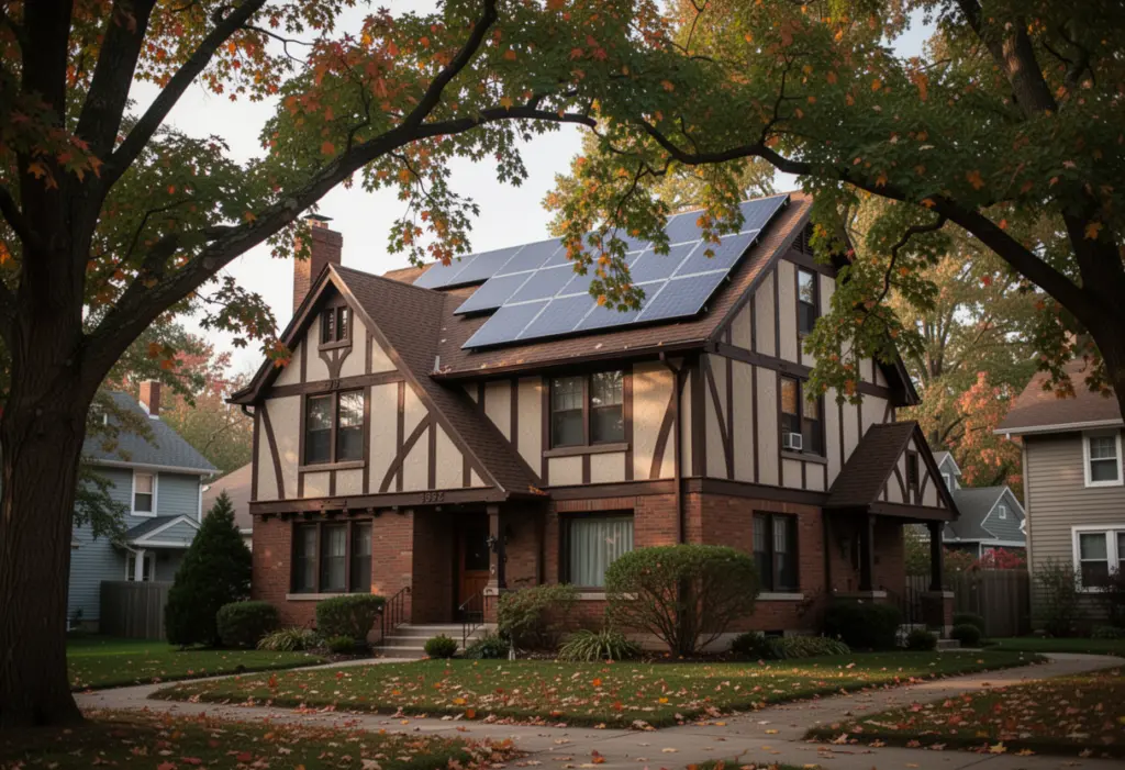A 1920s tudor style house with rooftop solar panels partly under mature tree canopy in a Rochester suburb, autumn leaves