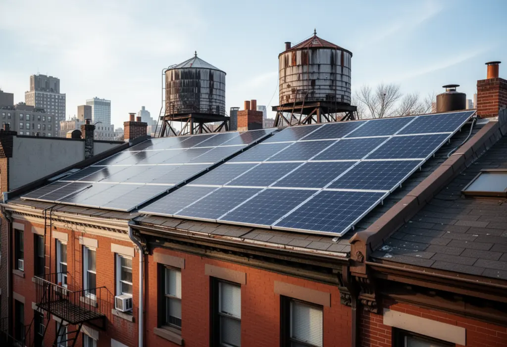 A newly installed rooftop solar array on a New York City row house seen from a neighbouring roof, water towers behind