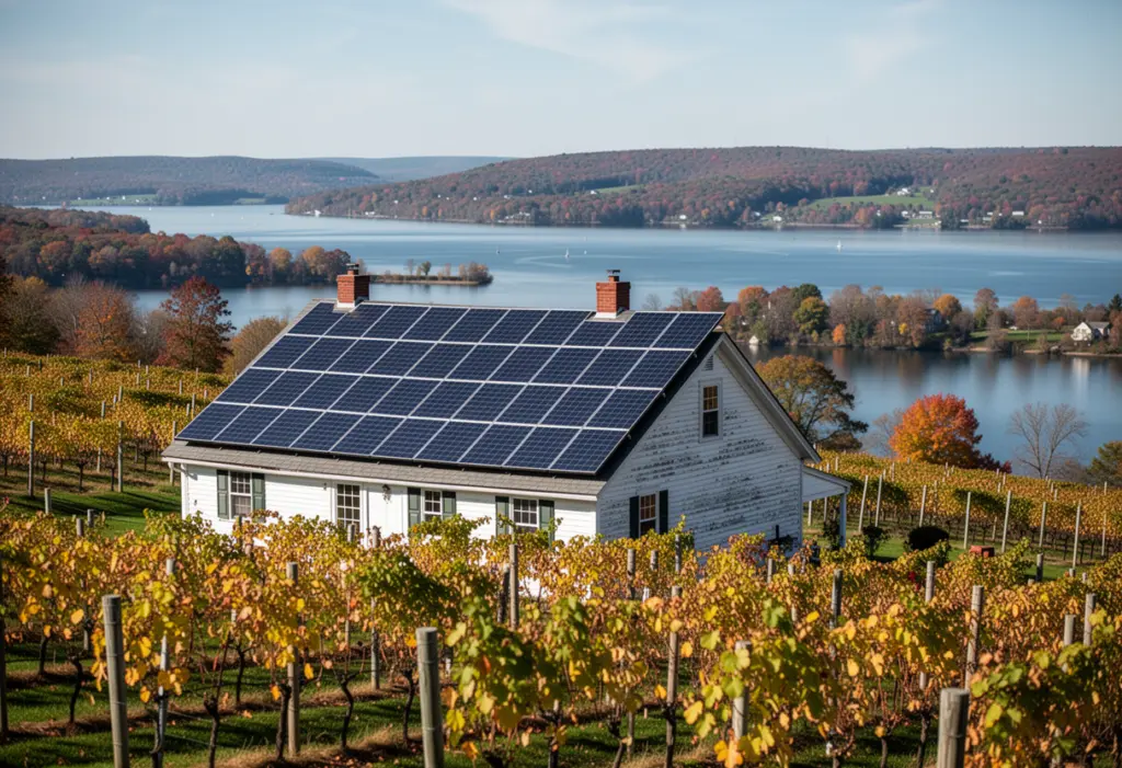 A farmhouse with a ground-mounted solar array above vineyards on a Finger Lakes slope in New York, a lake below