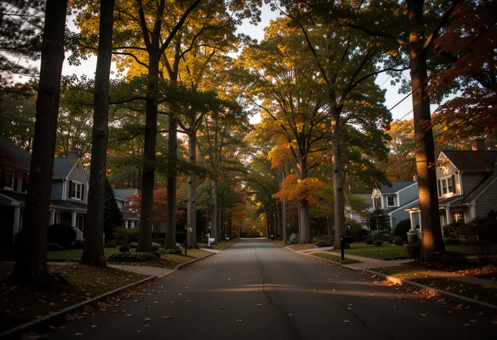 A wooded north shore residential road in the Town of Oyster Bay, Nassau County Long Island