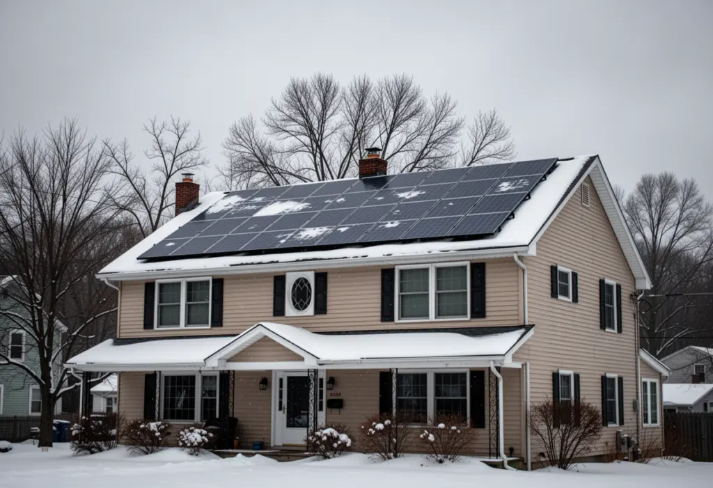 Snow covered rooftop solar panels on a two storey house in the Southern Tier of New York, bare trees and a grey winter sky