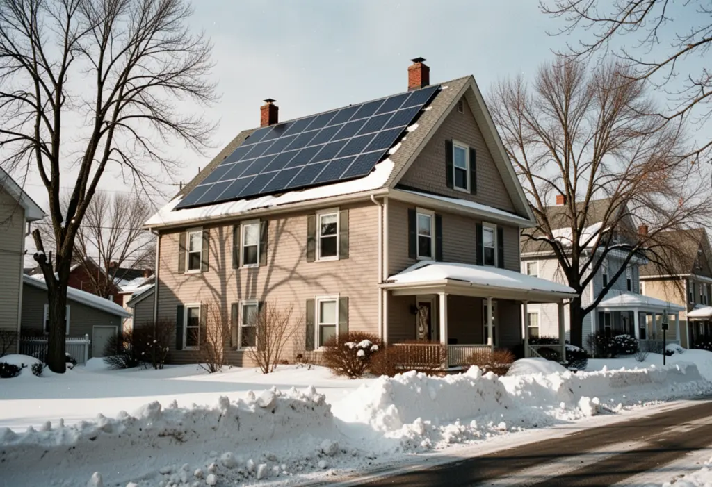 A steep-roofed two-storey house in Syracuse New York with rooftop solar panels, deep snow banks along the street