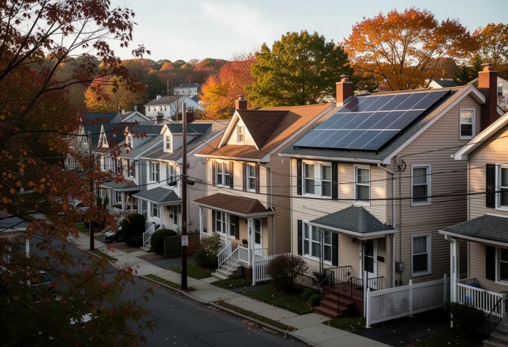 A dense residential street of two-family houses in Spring Valley, Rockland County, New York, rooftop solar panels on one house
