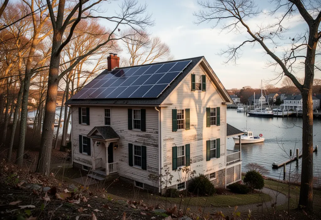 A nineteenth century clapboard house on a wooded hillside above a harbour with solar panels on a steep roof in Port Jefferson Long Island
