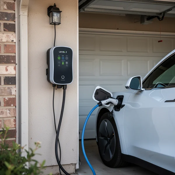 A wall-mounted EV charger beside a parked car in the underground garage of a New York apartment building