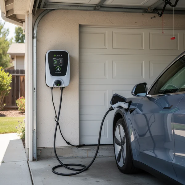 A Level 2 EV charger mounted on the wall of an enclosed parking garage in a New York City apartment building