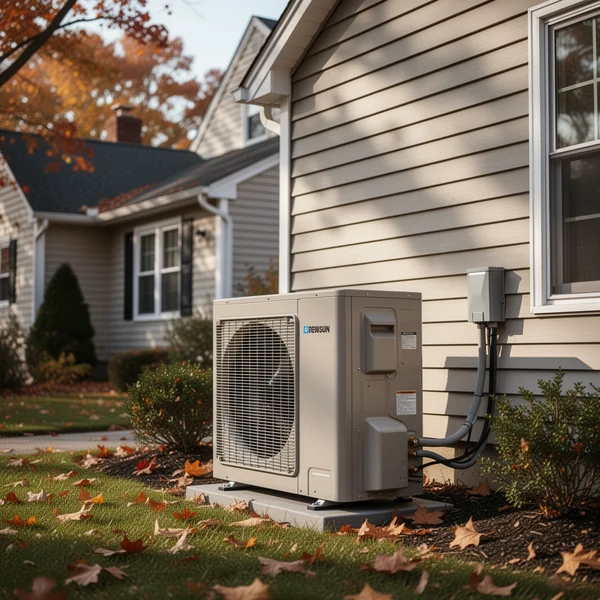 An outdoor heat pump condenser unit on a raised snow stand beside the side wall of a suburban New York house, close to a property line fence
