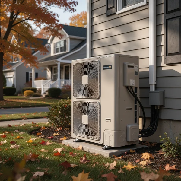 An outdoor air source heat pump unit mounted on brackets beside a snow-covered New York house in winter