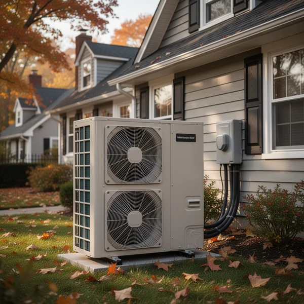 A heat pump water heater standing in a New York basement utility area next to an older oil boiler and copper supply lines