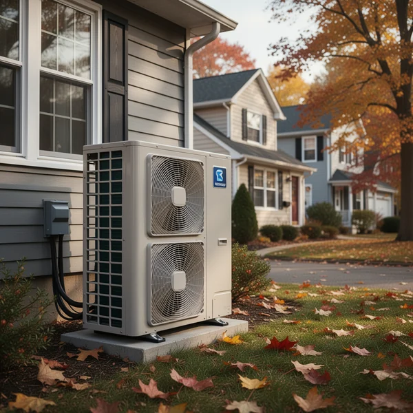 A heat pump water heater standing in an unfinished basement next to the old tank it replaced, with the compressor module on top
