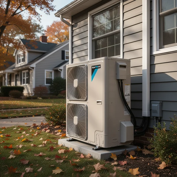 The rear yard of a Brooklyn brownstone in a historic district with a heat pump condenser placed out of view from the street