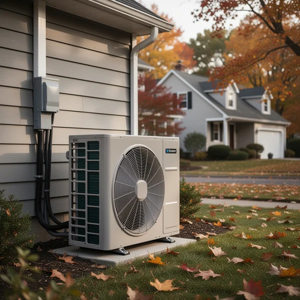 Outdoor heat pump unit raised on a wall bracket above deep snow beside a New York house