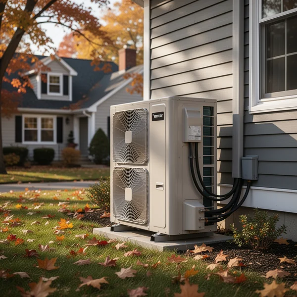 An HVAC technician checking a clipboard beside a newly installed outdoor heat pump unit at the side of a New York house