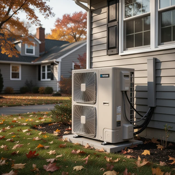 Ventless heat pump clothes dryer beside a washer in a finished basement laundry area with a floor drain