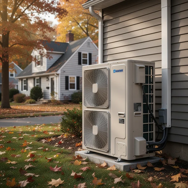 A heat pump outdoor unit raised on tall legs above deep snow beside an upstate New York house, with clear space around the coil