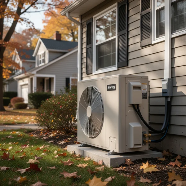 A basement boiler and pipework next to a newly installed heat pump air handler in a New York home