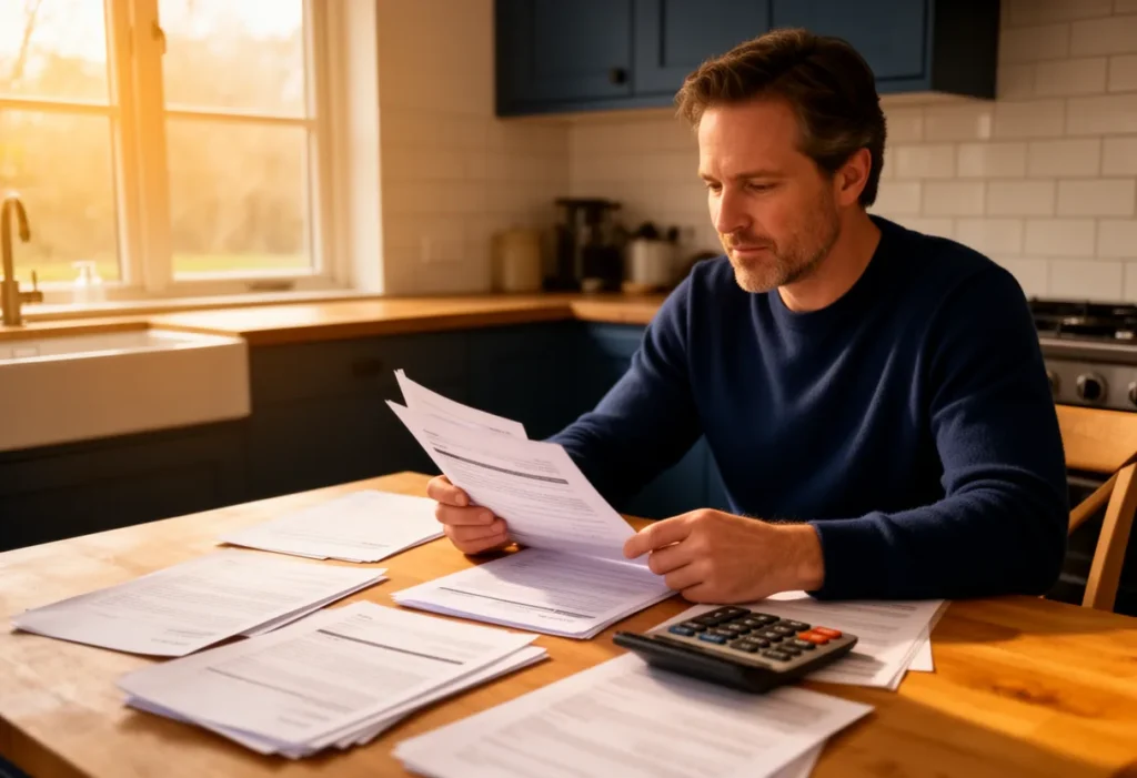 A homeowner sitting at a kitchen table reviewing solar installation paperwork in warm daylight, with documents and a calculator spread out in front of them
