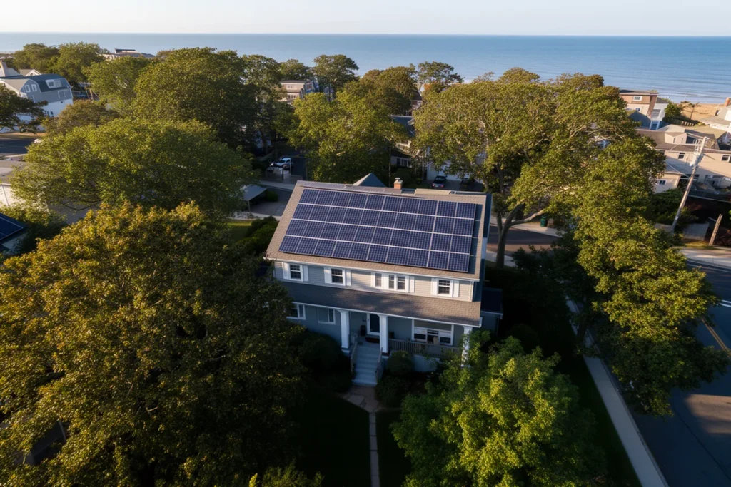 Aerial view of a two-story house with rooftop solar panels in a tree-lined coastal neighborhood
