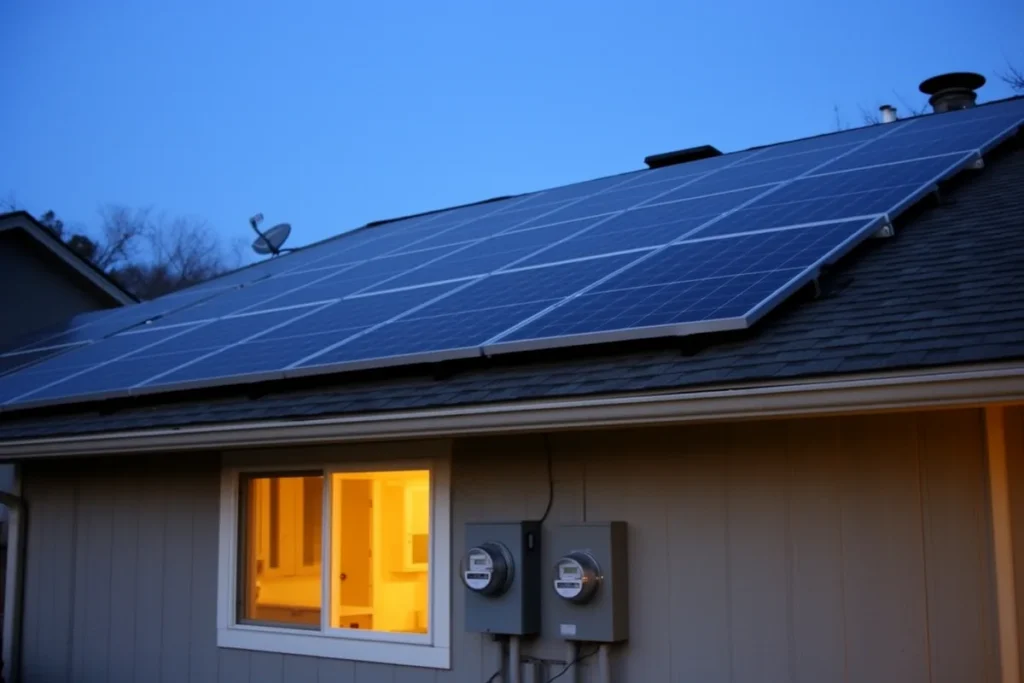 Solar panels on a shingled house roof at dusk, with two electric meters mounted on the wall below