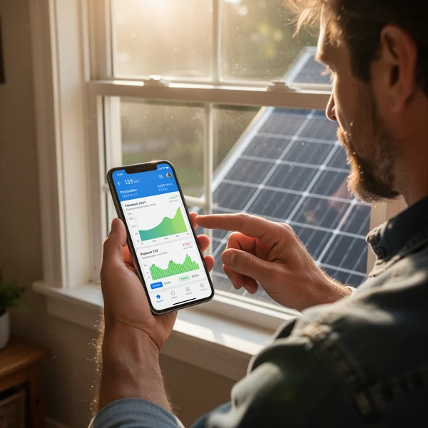 Phone showing a solar production graph held in front of a rooftop array on a clear day