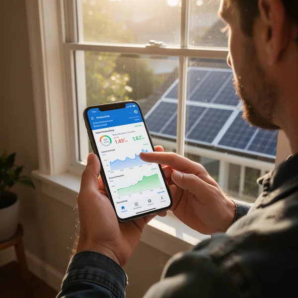 A smartphone showing a solar production graph held in front of a rooftop solar array