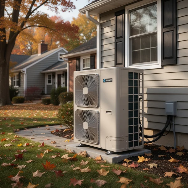 A homeowner comparing three printed heat pump proposals spread across a kitchen table