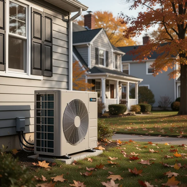 An outdoor heat pump unit raised on a wall bracket above deep snow at the side of an upstate New York house
