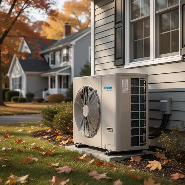 A cold-climate heat pump outdoor unit mounted on a raised stand beside a capped gas meter on the side of a New York house in winter