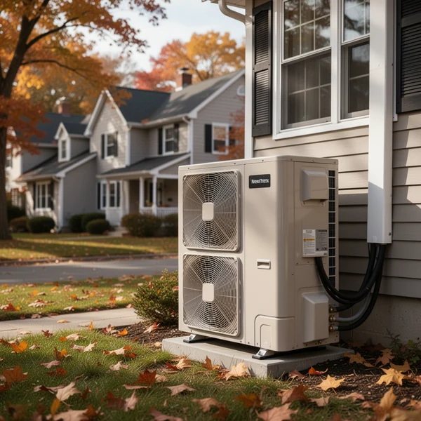 Outdoor heat pump condenser units mounted beside a brick apartment building in New York City