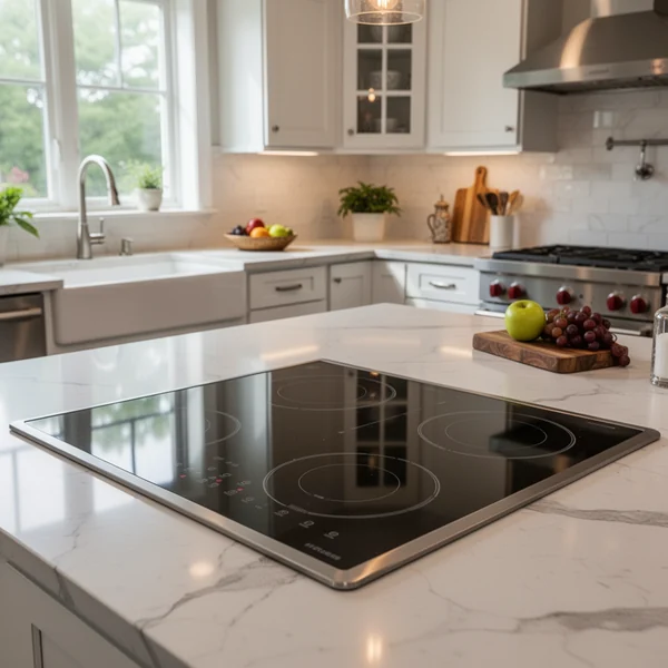 An induction cooktop installed in a kitchen counter with an open electrical panel visible in the background