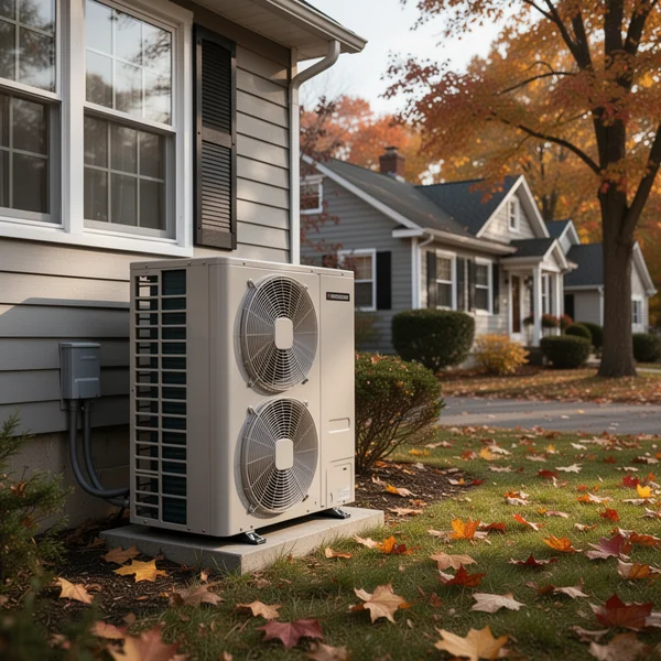 A ductless heat pump head mounted on the wall of a New York living room, with snow visible through the window behind it