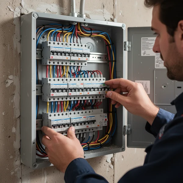 Open residential electrical panel beside a printed load calculation worksheet on a workbench